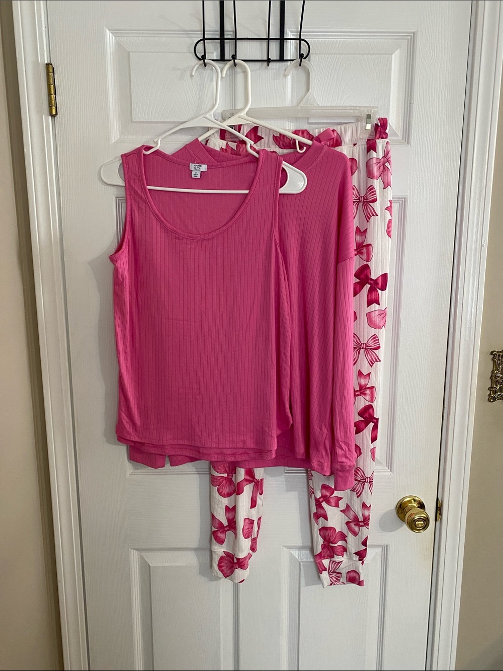 crown & ivy Hot Pink Ribbed Tank, Long-Sleeve Top & Bow-Print Pajama Pants